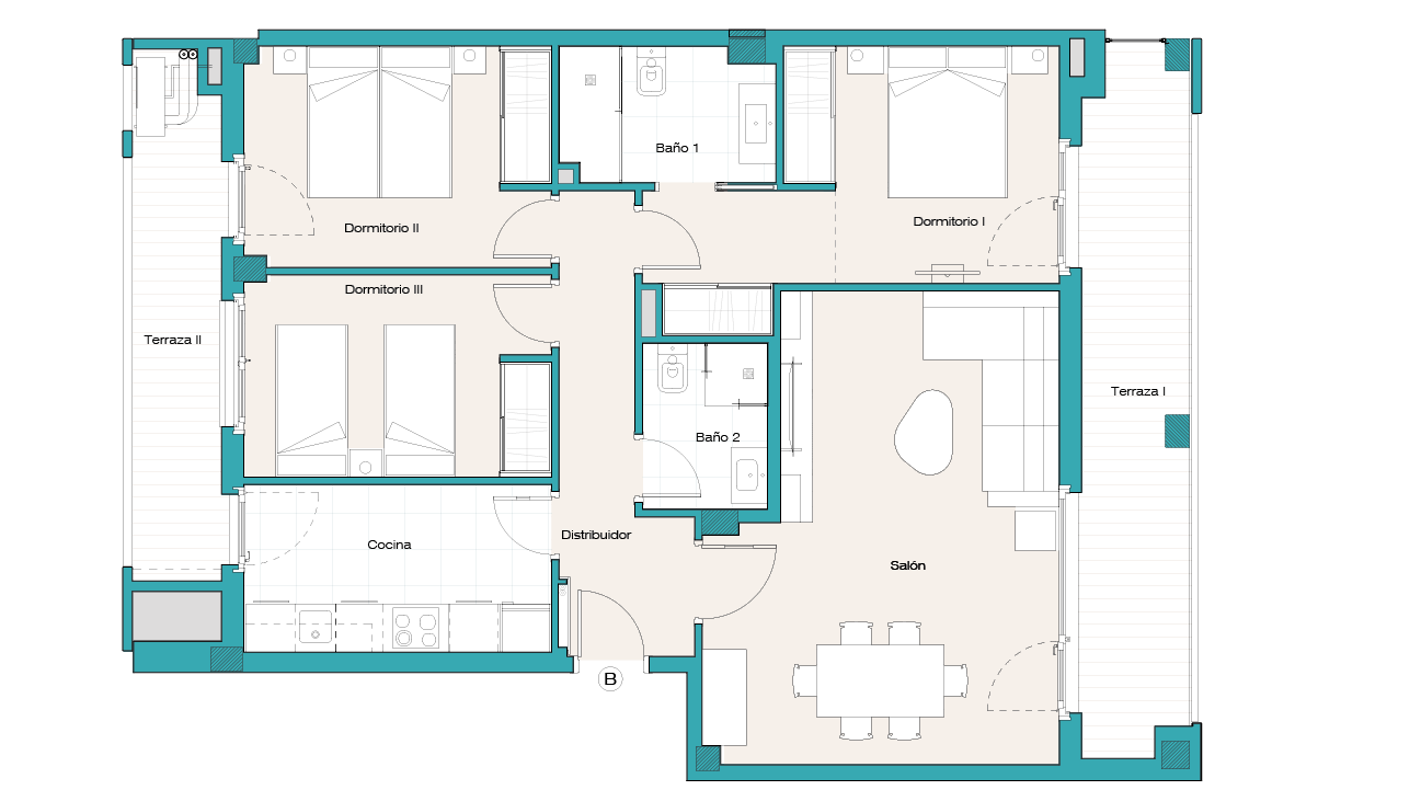 Plano vivienda tipo B, 3 dormitorios